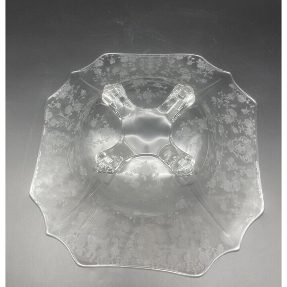 VTG Cambridge Rose Point Floral Clear Glass Footed Square Pedestal Bowl 11.5” - Picture 6 of 7